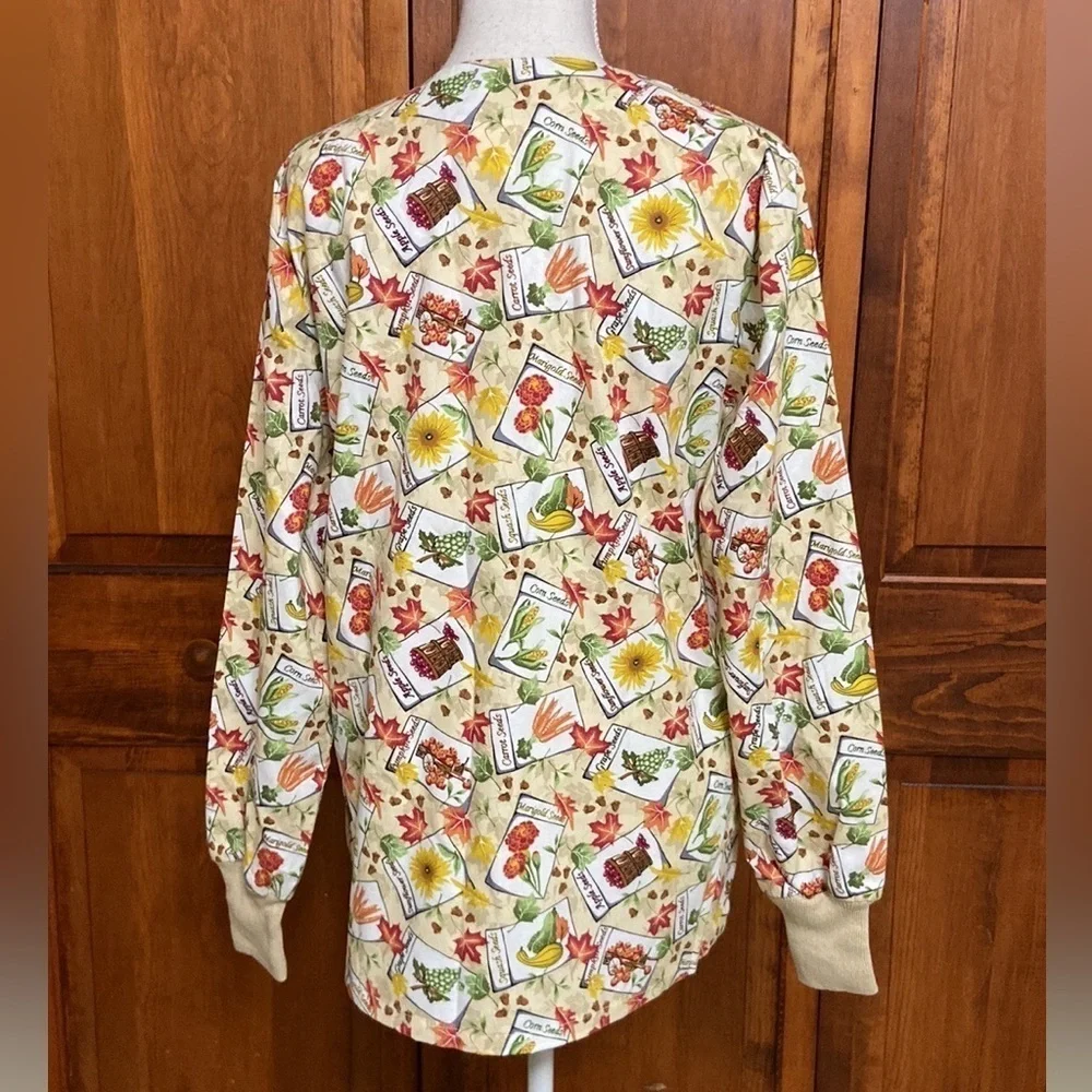 Stars of Best Medical Print (Garden Fresh) Tan Warm Up Jacket W/Knit Cuffs NWT